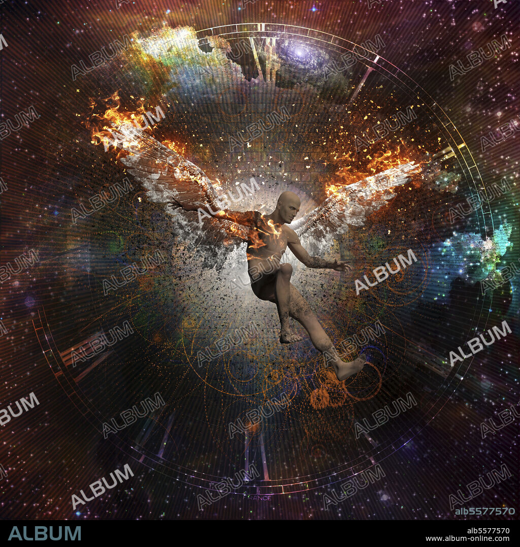 Surrealism Clock Naked Man With Burning Wings Symbolizes Falling