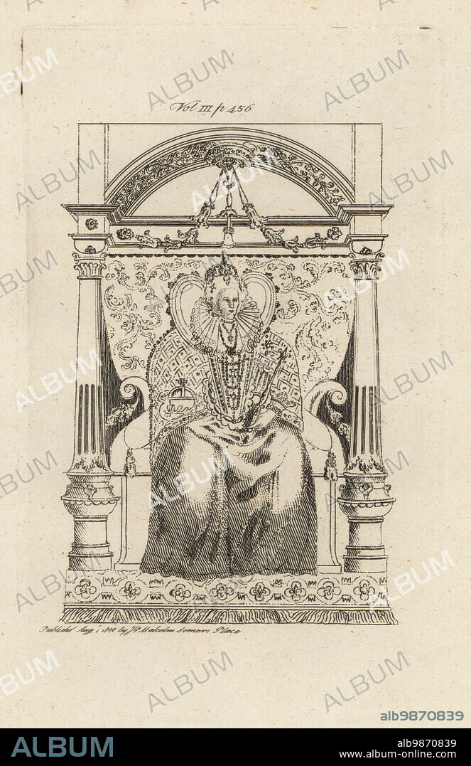 Queen Elizabeth I Of England Seated On A Throne Wearing A Crown High