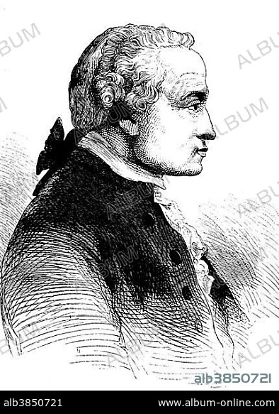 Immanuel Kant, 1724 - 1804, a German philosopher of the Enlightenment, one of the most important representatives of Western philosophy, historical wood engraving, circa 1888.