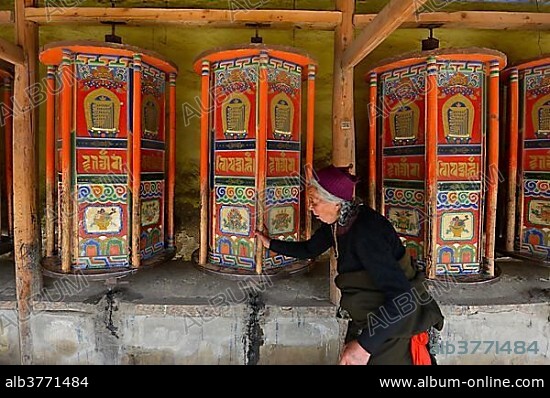 Tibetan Buddhism, Tibetan woman, elderly woman in the traditional Chuba dress during the morning kora, a walking circumambulation around the prayer wheel corridor, wooden, painted prayer wheels, kept in motion, Kora at the Labrang Monastery, Xiahe, Gansu, formerly, Amdo, Tibet, China, Asia.