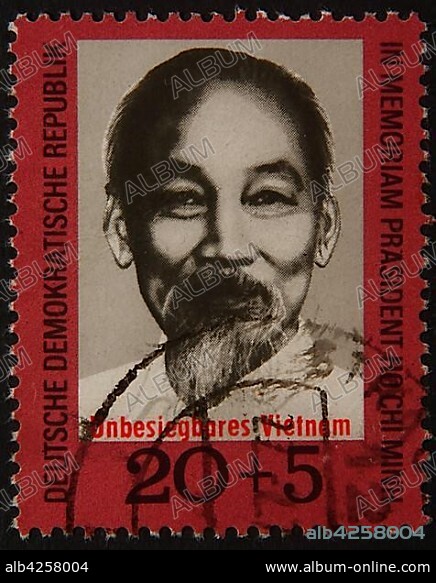 Ho Chi Minh, a Vietnamese Communist revolution leader, portrait on a DDR stamp, Germany, Europe.