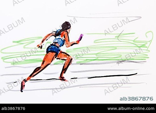 Relay race, track and field athletics, drawing by the artist Gerhard Kraus, Kriftel, illustration.