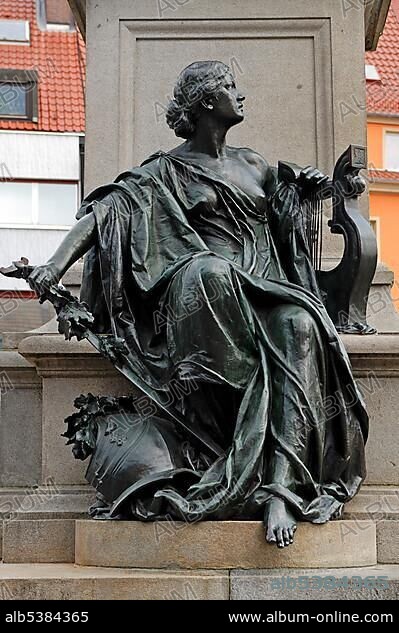 Allegorical figure from Friedrich Rueckert's works, "Sonnet in arms" at his memorial, market square, Schweinfurt, Lower Franconia, Bavaria, Germany, Europe.