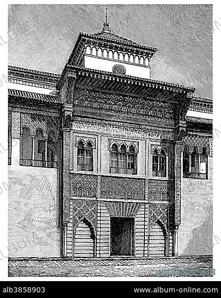 Main gate of the Alcazar of Seville, built from 1369 to 1379, illustration, Meyers Konversations-Lexikon encyclopedia, 1897.