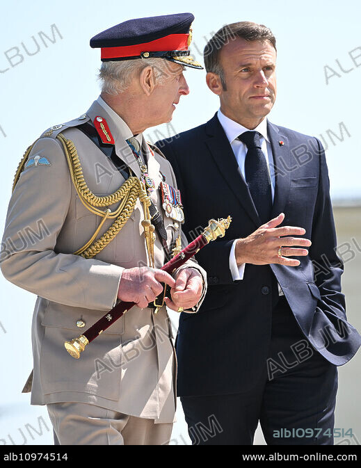 charles III and EMMANUEL MACRON. June 6, 2024, Ver-Sur-Mer, France ...