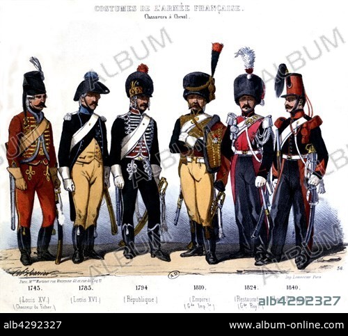 Lithography by Charles Vernier. French army uniforms: cavalrymen from 1745 to 1840. 19th. France. Paris. Bibliothèque des Arts décoratifs.