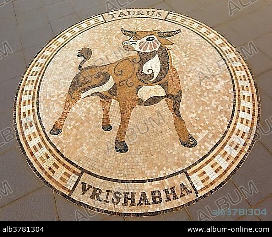 Vrishabha Taurus mosaic in front of the Maha Rattana Chedi, Wat Thung Setthi, Khon Kaen, Isan, Thailand, Asia.