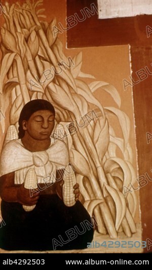 Fresco by Diego Rivera. Chapel of Chapingo farming school. Corn, symbol of fertility. 20th century. Mexico. Washington. Pan american foundation.. These photographic works are protected by legislation concerning literary and artistic property in all countries. Royalties are handled by ADAGP. To publish or diffuse these photographs, you must imperatively obtain the authorization of ADAGP or its correspondents abroad and to pay corresponding royalties. If you download this image in high definition, your postal address, telephone number and e-mail address will automatically be forwarded to ADAGP.. ADAGP - 11,rue Berryer - Paris. Tel. : (33) 1 43 59 09 79. Fax : (33) 1 45 63 44 89. E-mail : adagp@adagp.fr. Web : http://www.adagp.fr.