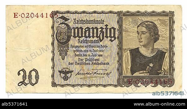 Front of banknote, Reichsbank, value 20 Reichmarks, 1939, Germany ...