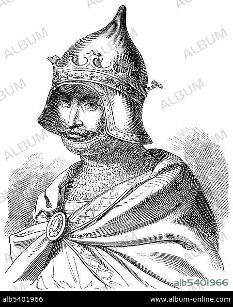 Historical drawing from the 19th Century, portrait of Theodoric the Great, Flavius Theodericus Rex, circa 454-526, king of the Ostrogoths from the Amali family, regent of the Visigoths and Italy.