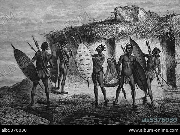 Historical engraving, men from the Wahehe or Hehe tribe in German East Africa, now Tanzania, Africa, 1888.