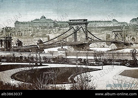 Historic drawing, city of Budapest, Chain Bridge or Széchenyi Chain Bridge over the Danube, 19th Century, Budapest, Central Hungary, Hungary, Europe.