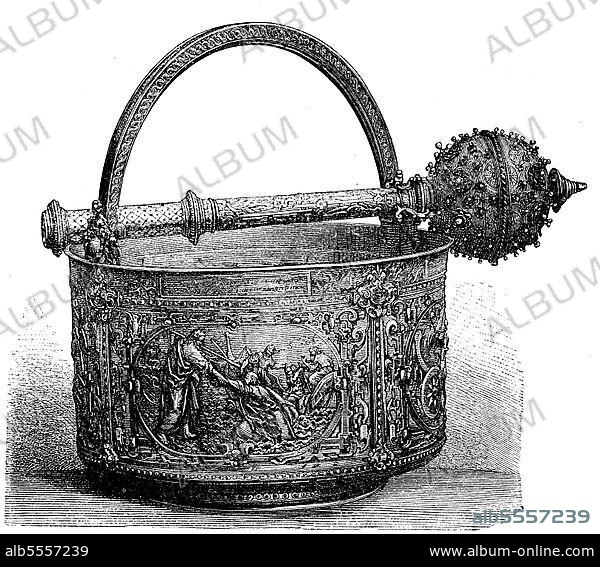 An aspergillum, a liturgical device used for sprinkling holy water. An aspergillum is a vessel that contains holy water, Historic, digital reproduction of an original 19th century.