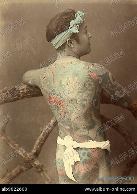 Japanese man with a tattoo on his back; Tattoo; c. 1880; Japan; Historical;  digitally restored reproduction from an original of the period; Asia. -  Album alb9822600