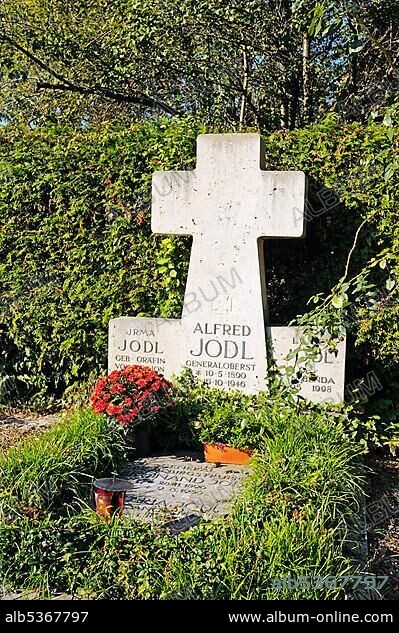 Grave of Colonel General Alfred Josef Ferdinand Jodl, during the Nazi area Chief of the Operations Staff of the Armed Forces High Command, Abtei Frauenwoerth Abbey, cemetery at the Benedictine Abbey, Frauenchiemsee or Fraueninsel, Women's Island, Lake Chiemsee, Chiemgau region, Bavaria, Germany, Europe.