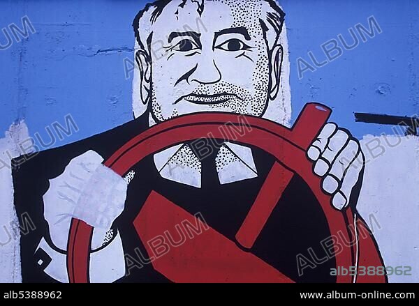 Georg Lutz (Rauschebart), "East Side Gallery", Gorbatschow at a hammer and sickle steering wheel, Berlin wall, Berlin, Germany, Europe.