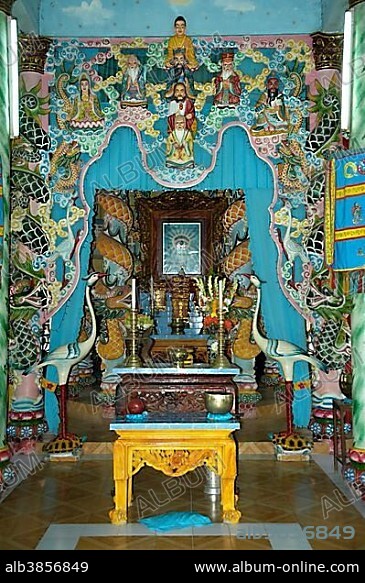 Colourful altar in the Cao Dai Temple in Go Dao near the city of Ho Chi Minh, Saigon, Vietnam, Southeast Asia, Asia.