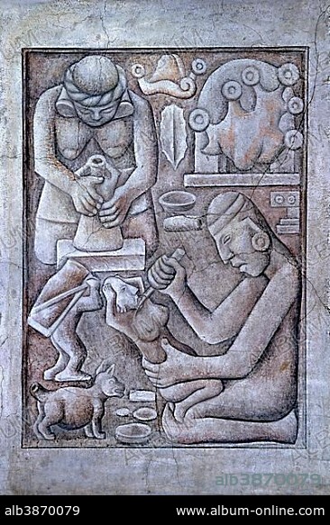 Sculpture workshop, production of sculptures, monochrome fresco painting by Diego Rivera in the arcades of the Palacio Nacional, National Palace, Zoccalo, Mexico City, Mexico, Central America.