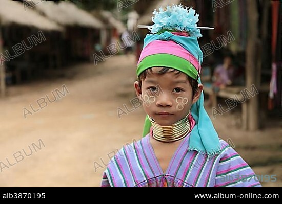 Portrait long neck girl, Long Neck from the Karen tribe, Thailand, Asia.