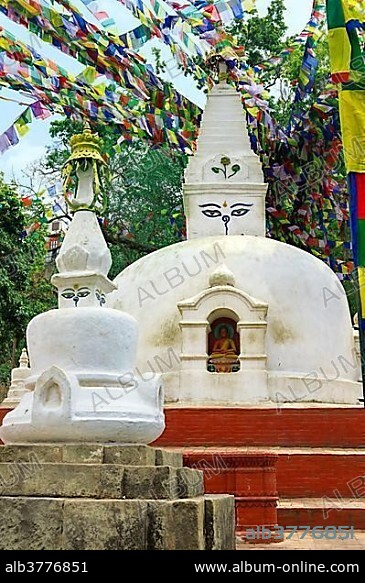 Buddhist chorten at the entrance of Swayambunath or Monkey Temple, Unesco World Heritage Site, Kathmandu, Nepal, Asia.