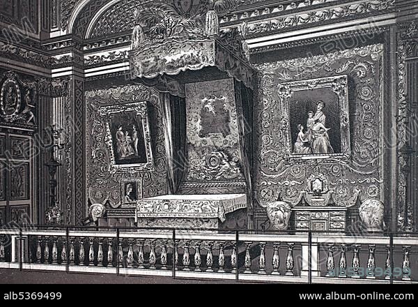 He lit chambre de Louis 14, royal bedroom of Louis the 14th, historic copper-plate etching, from around 1890, Neal's, Paris, France, Europe.