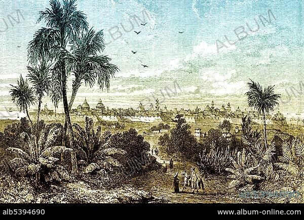 Historical drawing, 19th century, view of the city of Puerto de Veracruz, Gulf of Mexico, around 1840.