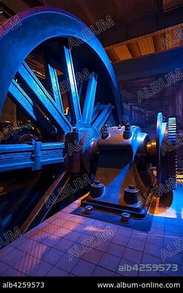 Drive wheel of a two-cylinder steam engine built in 1907, Museum for Industrial Culture, Nuremberg, Middle Franconia, Bavaria, Germany, Europe.