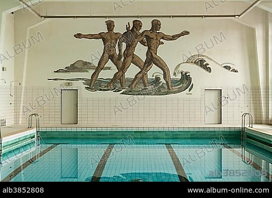 Swimming hall with a wall mosaic of the Aryan master race Herrenmensch, Ordensburg Vogelsang, 1936-1939 educational centre of the NSDAP, today Forum Vogelsang, Eifel, North Rhine-Westphalia, Germany, Europe.