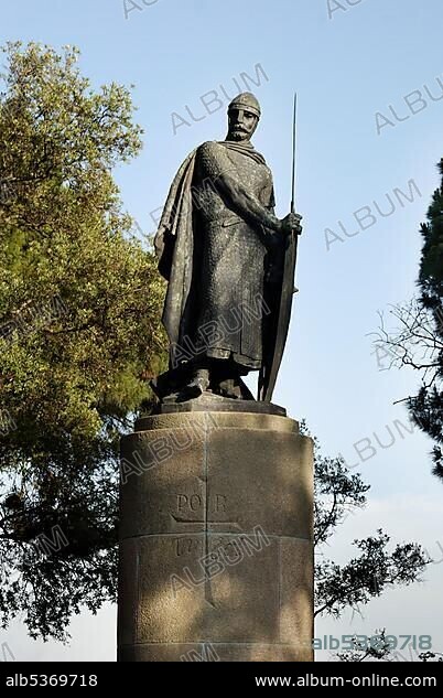 Statue of a medieval knight, King Alfonso Henriques, Alfonso I, in the originally Moorish castle Castelo Sao Jorge, Lisbon, Portugal, Europe.