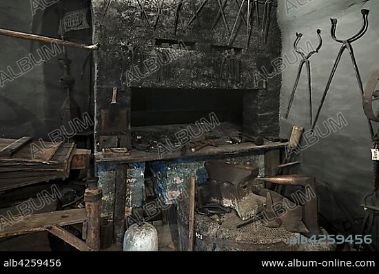 Former forge with forging tools, Deutsches Hirtenmuseum or German Shepherds Museum, Hersbruck, Middle Franconia, Bavaria, Germany, Europe.