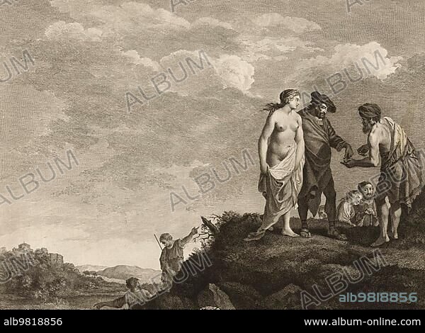 Slave auction; local farmer buys slaves from slave trader; 1750; France; Historical; digitally restored reproduction from a 19th century original; Europe.