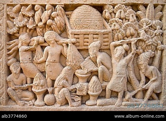 Frieze, relief, with scenes from the life of Buddha, Mauryan dynasty, Stupa of Sanchi, UNESCO World Heritage Site, Sanchi, Madhya Pradesh, India, Asia.