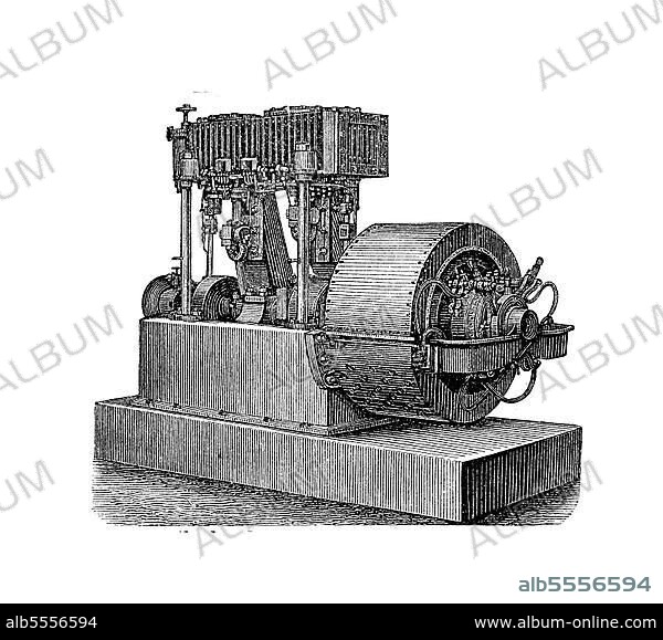 Dampfmaschinen des 19. Jahrhunderts, Schnellgehende vertikale Compoundmaschine mit Dynamomaschine gekoppelt, digital restaurierte Reproduktion einer Originalvorlage aus dem 19. Jahrhundert.
