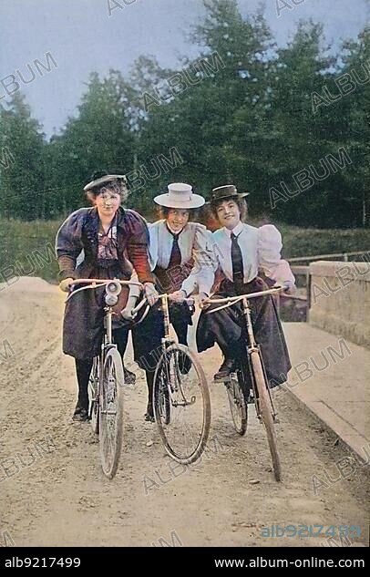 Three Women on Bicycles, circa 1880, Historic, digitally restored reproduction of a 19th century original.