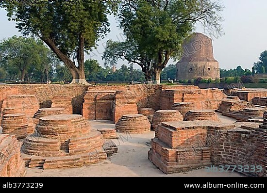 Excavations at the Dhamek Stupa, Buddhist holy place Sarnath, Uttar Pradesh, India, Asia.