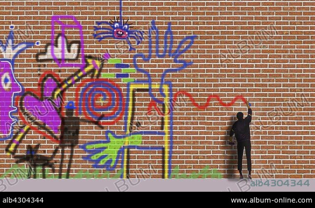 Man spraying graffiti on brick wall. - Album alb4304344