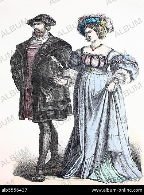 Folk traditional costume, clothing, history of costumes, German patricians, ca 1500-1535, Germany, Historical, digitally restored reproduction of a 19th century original, Europe.