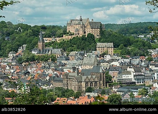 View of Marburg, historic centre, Landgrafenschloss, Lutheran Parish Church of St.Marien, Old University and University Church, Place of the Reformation, Marburg, Hesse, Germany, Europe.