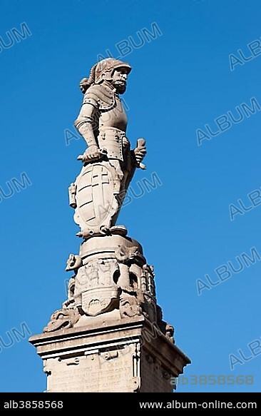 Statue on the Roland Fountain, Hlavné námestie square, Bratislava, Slovakia, Europe.