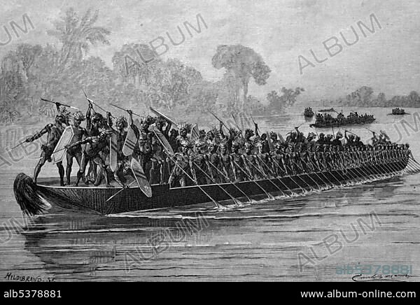 Large war canoe of the Congolese people on the Aruwimi River, historical illustration, circa 1886.