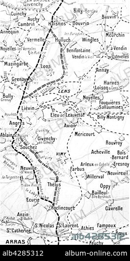 First World War.. Map showing the battle ground, North of Arras. British Front: from Bassée to Liévin. . Front français: from Souchez to Roclincourt.