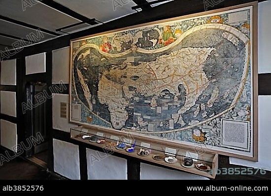 World map of 1527, with various minerals for the manufacture of paints below, Albrecht Duerer House, Nuremberg, Middle Franconia, Bavaria, Germany, Europe.