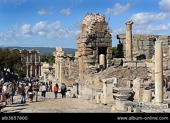 Cureten Street with the Library of Celsus and the Baths of Scholastica, ancient city of Ephesus, Efes, UNESCO World Heritage Site, Aegean Sea, Turkey, Asia.