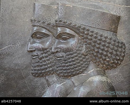 Detail of a scene of an audience of Darius I or Xerxes I, relief in Persepolis discovered by Erich F. Schmidt, Iranian National Museum, Tehran, Persia, Iran, Asia.