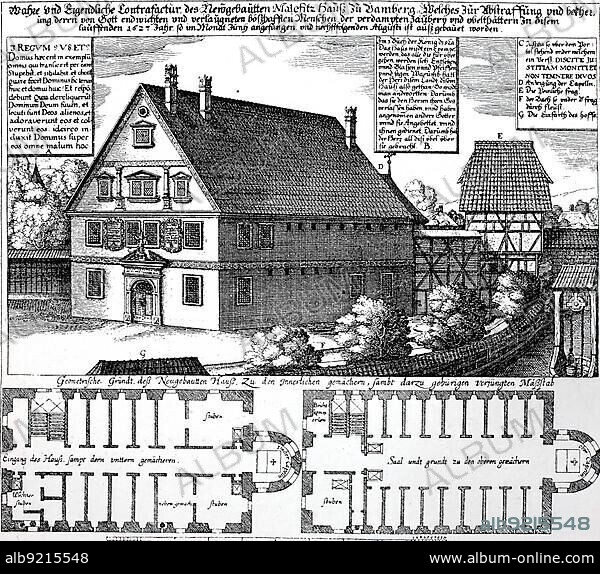 Copper engraving from the Drudenhaus, Malefizhaus, Trudenhaus, Hexenhaus, Hexengefängnis from 1627 in Bamberg built by Prince Bishop Johann Georg II Fuchs of Dornheim, Germany, historical image or illustration, published 1890, digitally improved, Copper engraving from the Drudenhaus, Witch prison from 1627 in Bamberg built by Prince Bishop Johann Georg II Fuchs of Dornheim, Germany, historical image or illustration, published 1890, digitally improved, Europe.