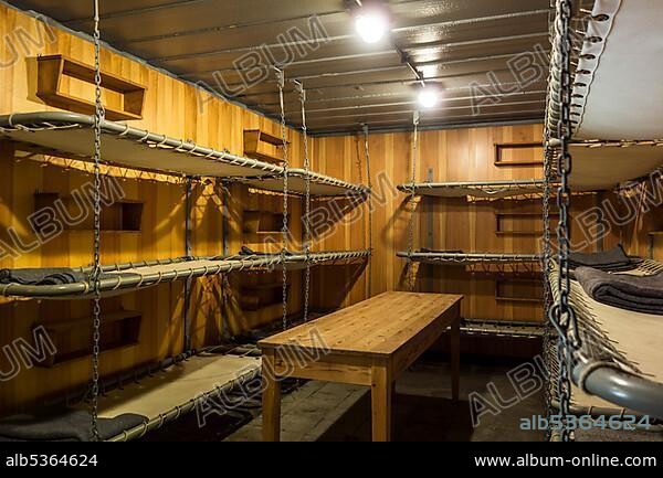 German WWII sleeping quarters with bunk beds in the bunker at Raversyde Atlantikwall, Open Air Museum Atlantikwall in Raversijde, Flanders, Belgium, Europe.