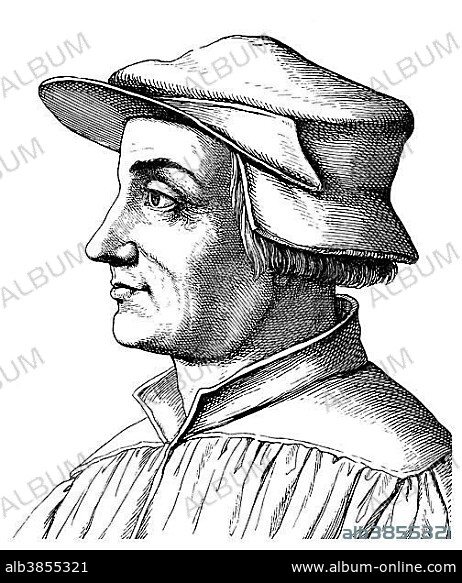 Historical drawing from the 19th Century, portrait of Ulrich Zwingli, 1484 - 1531, a Swiss theologian and reformer of Zurich.