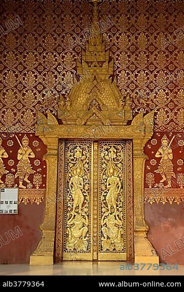 Theravada Buddhism, entrance to the temple with gold ornaments, Wat Sensoukarahm monastery, Luang Prabang, Laos, Southeast Asia, Asia.