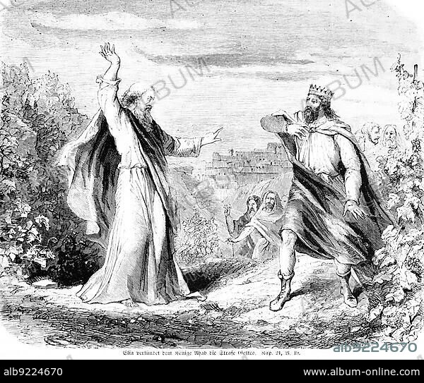 Elijah proclaims God's punishment to King Ahab, proclaim, killing, slay, ruler, blood, Naboth, dogs, God, rage, accuse, city, mountains, men, Bible, Old Testament, First Book of Kings, chapter 21, verse 19, historical illustration circa 1850, Near East.