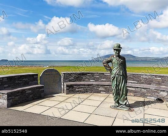 Monument to Charlie Chaplin with bronze statue and plaque, Sculptor Alan Ryan Hall, Waterville, Ring of Kerry, Wild Atlantic Way, Ireland, Europe.